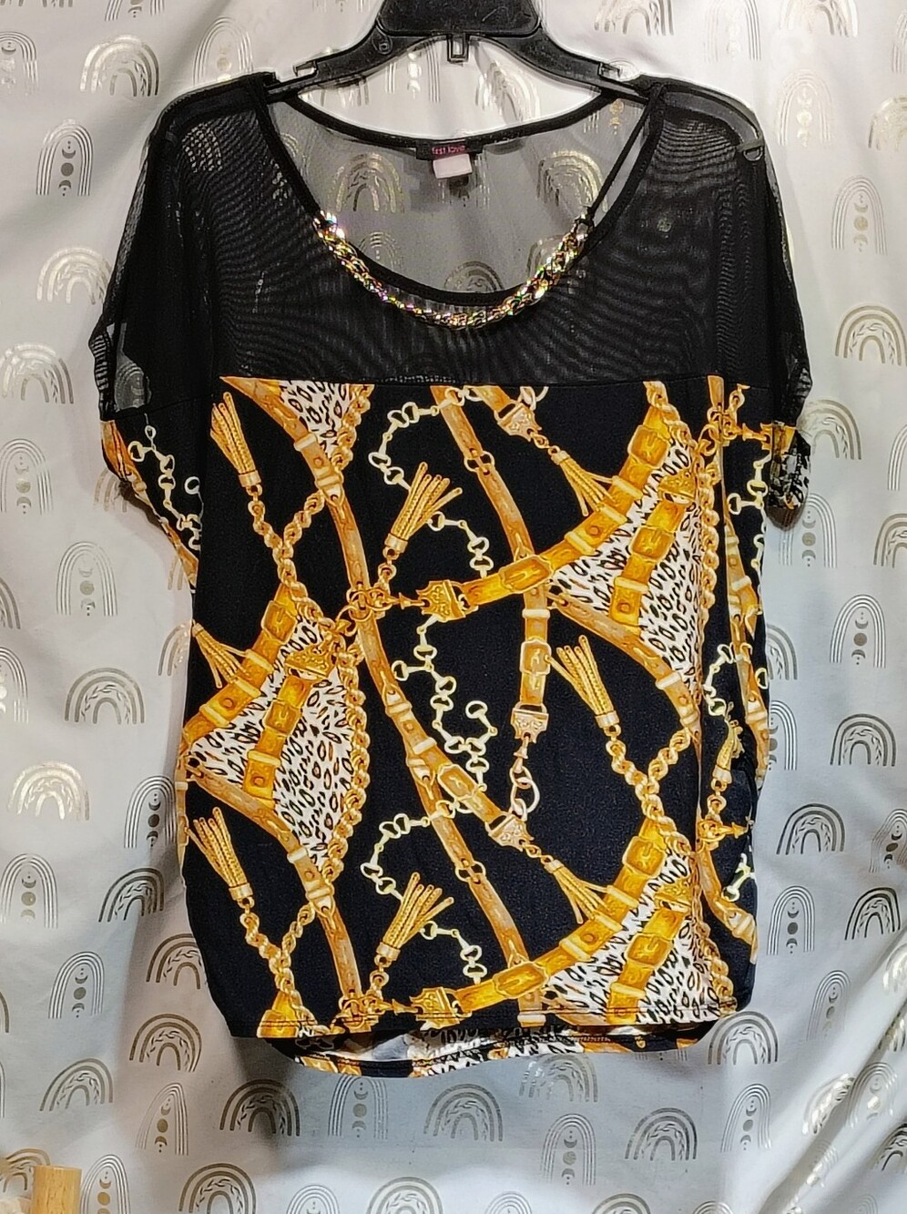 First Love Black Top with Gold Chain & Tassel Print
